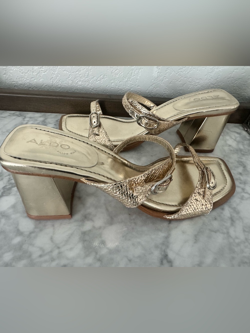 ALDO Metallic Gold Block Heel Sandals - Size 10